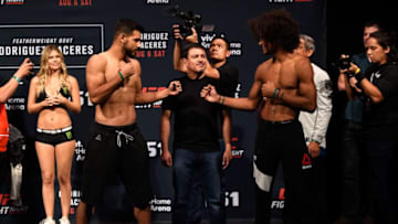 SALT LAKE CITY, UT - AUGUST 05: (L-R) Opponents Yair Rodriguez of Mexico and Alex Caceres face off during the UFC weigh-in at Vivint Smart Home Arena on August 5, 2016 in Salt Lake City, Utah. (Photo by Jeff Bottari/Zuffa LLC/Zuffa LLC via Getty Images)