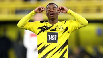 DORTMUND, GERMANY - DECEMBER 12: Youssoufa Moukoko of Dortmund reacts during the Bundesliga match between Borussia Dortmund and VfB Stuttgart at Signal Iduna Park on December 12, 2020 in Dortmund, Germany. (Photo by Lars Baron/Getty Images)