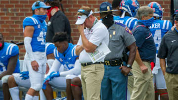 Sep 26, 2020; Oxford, Mississippi, USA; Mississippi Rebels head coach Lane Kiffin reacts during the second half against the Florida Gators at Vaught-Hemingway Stadium. Mandatory Credit: Justin Ford-USA TODAY Sports