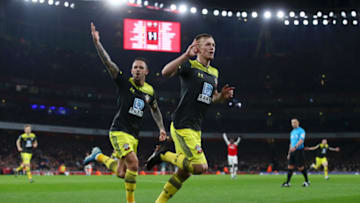 LONDON, ENGLAND - NOVEMBER 23: James Ward-Prowse of Southampton celebrates after scoring his team's second goal during the Premier League match between Arsenal FC and Southampton FC at Emirates Stadium on November 23, 2019 in London, United Kingdom. (Photo by Julian Finney/Getty Images)