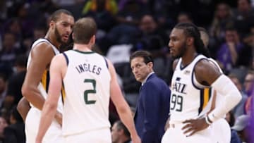 SACRAMENTO, CA - OCTOBER 17: Hed coach Quin Snyder of the Utah Jazz looks back at his team during their game against the Sacramento Kings at Golden 1 Center on October 17, 2018 in Sacramento, California. NOTE TO USER: User expressly acknowledges and agrees that, by downloading and or using this photograph, User is consenting to the terms and conditions of the Getty Images License Agreement. (Photo by Ezra Shaw/Getty Images)