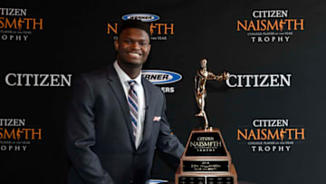 MINNEAPOLIS, MN - APRIL 07: 2019 Citizen Naismith Men's College Player of the Year Zion Williamson of the Duke Blue Devils poses with the 2019 Citizen Naismith Men's College Player of the Year trophy during the 2019 Naismith Awards Brunch at the Nicolette Island Pavilion on April 7, 2019 in Minneapolis, Minnesota. (Photo by Hannah Foslien/Getty Images)