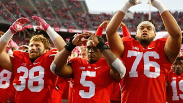 Oct 8, 2016; Columbus, OH, USA; Ohio State Buckeyes players Craig Fada (38) and Raekwon McMillan (5) and Branden Bowen (76) celebrate following the win against the Indiana Hoosiers at Ohio Stadium. Ohio State won the game 38-17. Mandatory Credit: Joe Maiorana-USA TODAY Sports