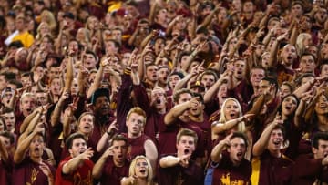 Oct 18, 2014; Tempe, AZ, USA; Arizona State Sun Devils fans in the student section of the grandstands cheer against the Stanford Cardinal at Sun Devil Stadium. Mandatory Credit: Mark J. Rebilas-USA TODAY Sports