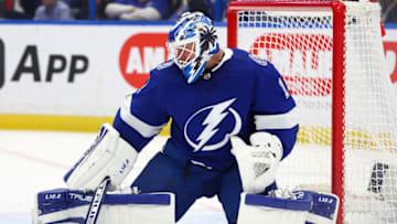 Mar 11, 2023; Tampa, Florida, USA; Tampa Bay Lightning goaltender Brian Elliott (1) makes a save against the Chicago Blackhawks in the second period at Amalie Arena. Mandatory Credit: Nathan Ray Seebeck-USA TODAY Sports