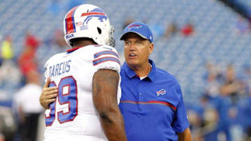 Aug 13, 2016; Orchard Park, NY, USA; Buffalo Bills head coach Rex Ryan talks to defensive tackle Marcell Dareus (99) before a game against the Indianapolis Colts at Ralph Wilson Stadium. Mandatory Credit: Timothy T. Ludwig-USA TODAY Sports
