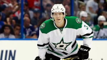 Oct 15, 2015; Tampa, FL, USA; Dallas Stars defenseman John Klingberg (3) against the Tampa Bay Lightning during the first period at Amalie Arena. Mandatory Credit: Kim Klement-USA TODAY Sports