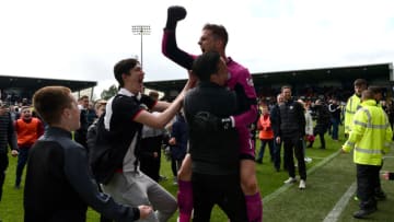 PAISLEY, SCOTLAND - MAY 26: St Mirren goal keeper Vaclav Hladky is mobbed by players and fans as St Mirren win the play-off final by beating Dundee United after extra time and penalties during the Ladbrokes Scottish Premiership Play-off Final second leg match between St Mirren and Dundee United at St Mirren Park on May 26, 2019 in Paisley, Scotland. (Photo by Mark Runnacles/Getty Images)