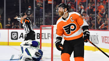Oct 15, 2021; Philadelphia, Pennsylvania, USA; Philadelphia Flyers center Claude Giroux (28) reacts after Vancouver Canucks goaltender Thatcher Demko (35) made a save against him during the shootout period at Wells Fargo Center. Mandatory Credit: Eric Hartline-USA TODAY Sports