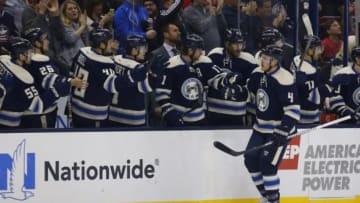 Jan 14, 2015; Columbus, OH, USA; Columbus Blue Jackets defenseman Kevin Connauton (4) celebrates a goal against the Montreal Canadiens during the first period at Nationwide Arena. Mandatory Credit: Russell LaBounty-USA TODAY Sports