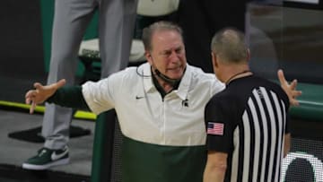 Michigan State Spartans head coach Tom Izzo protests a call during action against the Michigan Wolverines on Sunday, March 7, 2021, at the Breslin Center in East Lansing.Michigan Msu