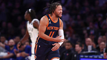 Jan 9, 2023; New York, New York, USA; New York Knicks guard Jalen Brunson (11) reacts after a three point basket during the third quarter against the Milwaukee Bucks at Madison Square Garden. Mandatory Credit: Vincent Carchietta-USA TODAY Sports