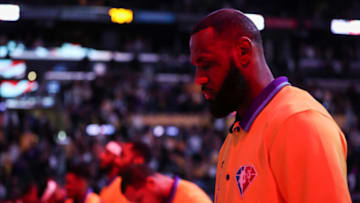 LOS ANGELES, CALIFORNIA - JANUARY 07: LeBron James #6 of the Los Angeles Lakers stands during the national anthem before the game against the Atlanta Hawks at Crypto.com Arena on January 07, 2022 in Los Angeles, California. NOTE TO USER: User expressly acknowledges and agrees that, by downloading and or using this photograph, User is consenting to the terms and conditions of the Getty Images License Agreement. (Photo by Meg Oliphant/Getty Images)