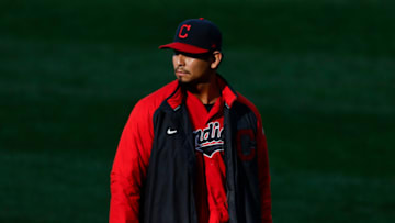 CLEVELAND, OH - AUGUST 06: Starting pitcher Carlos Carrasco #59 of the Cleveland Indians walks to the dugout before a game against the Cincinnati Reds at Progressive Field on August 06, 2020 in Cleveland, Ohio. (Photo by Ron Schwane/Getty Images)