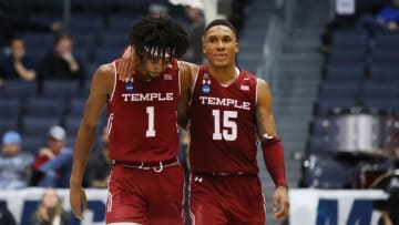 DAYTON, OHIO - MARCH 19: Quinton Rose #1 and Nate Pierre-Louis #15 of the Temple Owls react during the second half against the Belmont Bruins in the First Four of the 2019 NCAA Men's Basketball Tournament at UD Arena on March 19, 2019 in Dayton, Ohio. (Photo by Gregory Shamus/Getty Images)