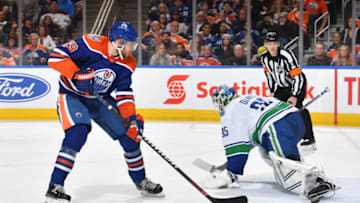 EDMONTON, AB - MARCH 7: Leon Draisaitl #29 of the Edmonton Oilers takes a shot that is stopped by Thatcher Demko #35 of the Vancouver Canucks on March 7, 2019 at Rogers Place in Edmonton, Alberta, Canada. (Photo by Andy Devlin/NHLI via Getty Images)