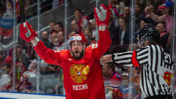 BRATISLAVA, SLOVAKIA - MAY 13: #86 Nikita Kucherov (RUS) celebrates a goal of #97 Nikita Gusev (RUS) during the 2019 IIHF Ice Hockey World Championship Slovakia group game between Russia and Czech Republic at Ondrej Nepela Arena on May 13, 2019 in Bratislava, Slovakia. (Photo by RvS.Media/Robert Hradil/Getty Images)