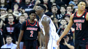 LOUISVILLE, KENTUCKY - FEBRUARY 12: Zion Williamson #1 of the Duke Blue Devils celebrates in the 71-69 win over the Louisville Cardinals at KFC YUM! Center on February 12, 2019 in Louisville, Kentucky. (Photo by Andy Lyons/Getty Images)
