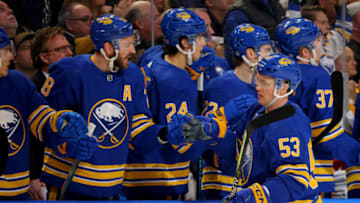 Mar 21, 2023; Buffalo, New York, USA; Buffalo Sabres left wing Jeff Skinner (53) celebrates his goal with teammates during the third period against the Nashville Predators at KeyBank Center. Mandatory Credit: Timothy T. Ludwig-USA TODAY Sports