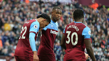 Sebastien Haller of West Ham United celebrates with teammates Issa Diop and Michail Antonio. (Photo by Stephen Pond/Getty Images)