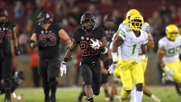 PALO ALTO, CA - OCTOBER 14: Bryce Love #20 of the Stanford Cardinal scores on a sixty seven yard touchdown run against the Oregon Ducks during the first quarter of the NCAA football game at Stanford Stadium on October 14, 2017 in Palo Alto, California. (Photo by Thearon W. Henderson/Getty Images)