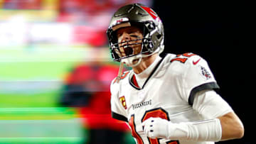 TAMPA, FLORIDA - JANUARY 16: Tom Brady #12 of the Tampa Bay Buccaneers yells as he runs on the field prior to the NFC Wild Card playoff game against the Dallas Cowboys at Raymond James Stadium on January 16, 2023 in Tampa, Florida. (Photo by Mike Ehrmann/Getty Images)