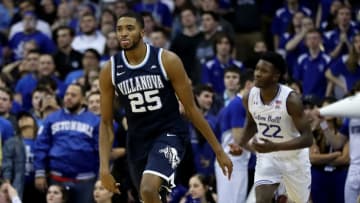 NEWARK, NJ - FEBRUARY 28: Mikal Bridges #25 of the Villanova Wildcats celebrates his three point shot in the overtime period against the Seton Hall Pirates on February 28, 2018 at Prudential Center in Newark, New Jersey.The Villanova Wildcats defeated the Seton Hall Pirates 69-68 in overtime. (Photo by Elsa/Getty Images)