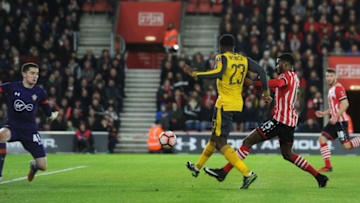 SOUTHAMPTON, ENGLAND - JANUARY 28: Danny Welbeck scores the first Arsenal goal during the Emirates FA Cup Fourth Round match between Southampton and Arsenal at St Mary's Stadium on January 28, 2017 in Southampton, England. (Photo by Stuart MacFarlane/Arsenal FC via Getty Images)