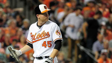 Sep 22, 2016; Baltimore, MD, USA; Baltimore Orioles outfielder Mark Trumbo (45) reacts after striking out in the game against the Boston Red Sox at Oriole Park at Camden Yards. Mandatory Credit: Evan Habeeb-USA TODAY Sports