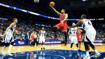 Apr 2, 2014; Atlanta, GA, USA; Chicago Bulls guard D.J. Augustin (14) shoots a basket in the first half against the Atlanta Hawks at Philips Arena. Mandatory Credit: Daniel Shirey-USA TODAY Sports