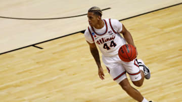 Mar 19, 2021; Indianapolis, Indiana, USA; Illinois Fighting Illini guard Adam Miller (44) dribbles the ball against the Drexel Dragons during the first round of the 2021 NCAA Tournament at Indiana Farmers Coliseum. Mandatory Credit: Aaron Doster-USA TODAY Sports