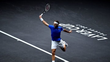 PRAGUE, CZECH REPUBLIC - SEPTEMBER 24: Roger Federer of Team Europe plays a backhand during his mens singles match against Nick Kyrgios of Team World on the final day of the Laver cup on September 24, 2017 in Prague, Czech Republic. The Laver Cup consists of six European players competing against their counterparts from the rest of the World. Europe will be captained by Bjorn Borg and John McEnroe will captain the Rest of the World team. The event runs from 22-24 September. (Photo by Justin Setterfield/Getty Images for Laver Cup)