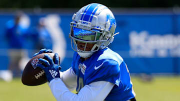 WESTFIELD, INDIANA - AUGUST 18: Amon-Ra St. Brown #14 of the Detroit Lions catches a pass during the joint practice with the Indianapolis Colts at Grand Park on August 18, 2022 in Westfield, Indiana. (Photo by Justin Casterline/Getty Images)