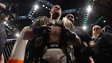 NEW YORK, NY - NOVEMBER 12: Conor McGregor of Ireland celebrates after his knockout victory over Eddie Alvarez in their UFC lightweight championship fight during the UFC 205 event at Madison Square Garden on November 12, 2016 in New York City. (Photo by Brandon Magnus/Zuffa LLC/Zuffa LLC via Getty Images)