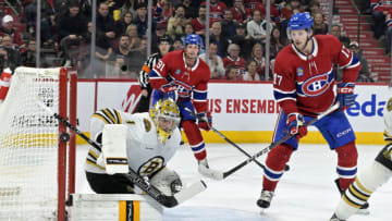 Nov 11, 2023; Montreal, Quebec, CAN; Boston Bruins goalie Jeremy Swayman (1) stops Montreal Canadiens forward Josh Anderson (17) during the second period at the Bell Centre. Mandatory Credit: Eric Bolte-USA TODAY Sports