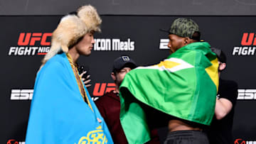 LAS VEGAS, NEVADA - FEBRUARY 04: (L-R) Opponents Shavkat Rakhmonov of Uzbekistan and Jailton Almeida of Brazil face off during the UFC Fight Night weigh-in at UFC APEX on February 04, 2022 in Las Vegas, Nevada. (Photo by Chris Unger/Zuffa LLC)