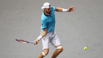 PARIS, FRANCE - NOVEMBER 02: John Isner of the USA plays a forehand against Grigor Dimitrov of Bulgaria during Day 4 of the Rolex Paris Masters held at the AccorHotels Arena on November 2, 2017 in Paris, France. (Photo by Dean Mouhtaropoulos/Getty Images)