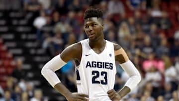 LAS VEGAS, NEVADA - MARCH 16: Neemias Queta #23 of the Utah State Aggies looks on against the San Diego State Aztecs during the championship game of the Mountain West Conference basketball tournament at the Thomas & Mack Center on March 16, 2019 in Las Vegas, Nevada. (Photo by David Becker/Getty Images)