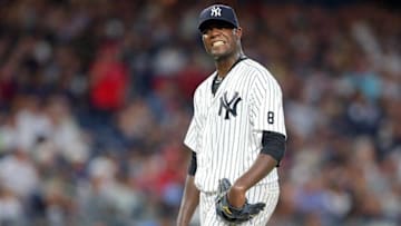 Jul 15, 2016; Bronx, NY, USA; New York Yankees starting pitcher Michael Pineda (35) reacts after allowing a two run home run to Boston Red Sox shortstop Xander Bogaerts (not pictured) during the sixth inning at Yankee Stadium. Mandatory Credit: Brad Penner-USA TODAY Sports