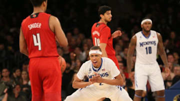Dec 16, 2017; New York, NY, USA; Memphis Tigers forward Jimario Rivers (2) defends against Louisville Cardinals guard Quentin Snider (4) in the first half at Madison Square Garden. Mandatory Credit: Nicole Sweet-USA TODAY Sports