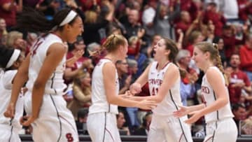 November 17, 2014; Stanford, CA, USA; Stanford Cardinal forward Bonnie Samuelson (41, second from right) celebrates with her teammates after making a basket during the first half against the Connecticut Huskies at Maples Pavilion. Mandatory Credit: Kyle Terada-USA TODAY Sports