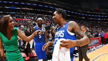LOS ANGELES, CA - MARCH 17: Lou Williams #23 of the LA Clippers speaks with the media after the game against the Brooklyn Nets on March 17, 2019 at STAPLES Center in Los Angeles, California. NOTE TO USER: User expressly acknowledges and agrees that, by downloading and/or using this Photograph, user is consenting to the terms and conditions of the Getty Images License Agreement. Mandatory Copyright Notice: Copyright 2019 NBAE (Photo by Adam Pantozzi/NBAE via Getty Images)