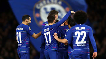 LONDON, ENGLAND - OCTOBER 25: Ruben Loftus-Cheek of Chelsea celebrates with team mates after scoring his hat-trick goal during the UEFA Europa League Group L match between Chelsea and FC BATE Borisov at Stamford Bridge on October 25, 2018 in London, United Kingdom. (Photo by Bryn Lennon/Getty Images)