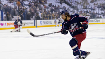 COLUMBUS, OH - MAY 06: Columbus Blue Jackets left wing Artemi Panarin (9) warms up before the Stanley Cup Eastern Conference semifinal playoff game between the Columbus Blue Jackets and the Boston Bruins on May 06, 2019 at Nationwide Arena in Columbus, OH. (Photo by Adam Lacy/Icon Sportswire via Getty Images)