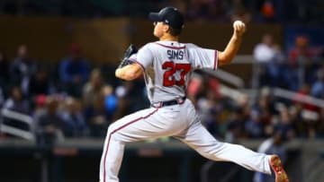 Nov 7, 2015; Phoenix, AZ, USA; Atlanta Braves pitcher Lucas Sims during the Arizona Fall League Fall Stars game at Salt River Fields. Mandatory Credit: Mark J. Rebilas-USA TODAY Sports