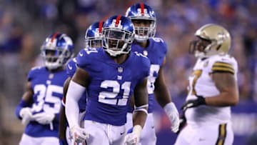 EAST RUTHERFORD, NJ - SEPTEMBER 30: Landon Collins #21 of the New York Giants celebrates at MetLife Stadium on September 30, 2018 in East Rutherford, New Jersey. (Photo by Elsa/Getty Images)