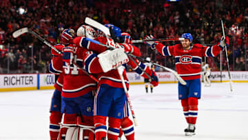 MONTREAL, QC - JANUARY 18: Montreal Canadiens goalie Carey Price (31) celebrates the win with his teammates during the Las Vegas Golden Knights versus the Montreal Canadiens game on January 18, 2020, at Bell Centre in Montreal, QC (Photo by David Kirouac/Icon Sportswire via Getty Images)
