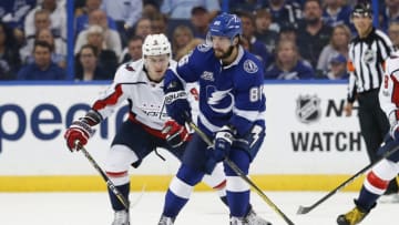 TAMPA, FL - OCTOBER 09: Tampa Bay Lightning right wing Nikita Kucherov (86) is defended by Washington Capitals defenseman Dmitry Orlov (9) during the NHL game between the Washington Capitals and Tampa Bay Lightning on October 09, 2017 at Amalie Arena in Tampa, FL. The Lightning defeated Washington 4-3. (Photo by Mark LoMoglio/Icon Sportswire via Getty Images)