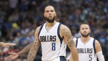 Oct 28, 2016; Dallas, TX, USA; Dallas Mavericks guard Deron Williams (8) comes off the court after getting hit in the face during the second half against the Houston Rockets at the American Airlines Center. The Rockets defeat the Mavericks 106-98. Mandatory Credit: Jerome Miron-USA TODAY Sports