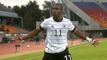 Youssoufa Moukoko of Germany celebrates his goal against Latvia. (Photo by Alexander Hassenstein/Getty Images)